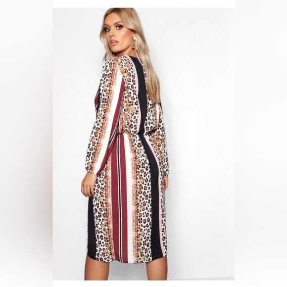 BOOHOO Faux Wrap Chain Mixed Print Dress Midi Lightweight V Neck Belt Plus Sz 20 - Picture 4 of 16